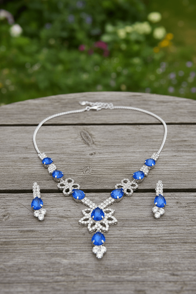 Royal Blue Floral Pear Premium Necklace & Earrings Set