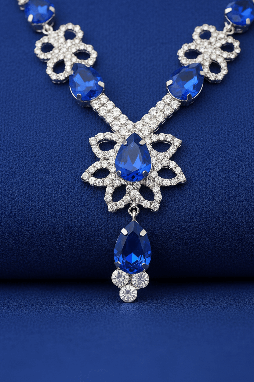 Royal Blue Floral Pear Premium Necklace & Earrings Set