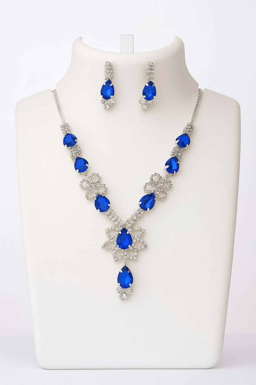 Royal Blue Floral Pear Premium Necklace & Earrings Set