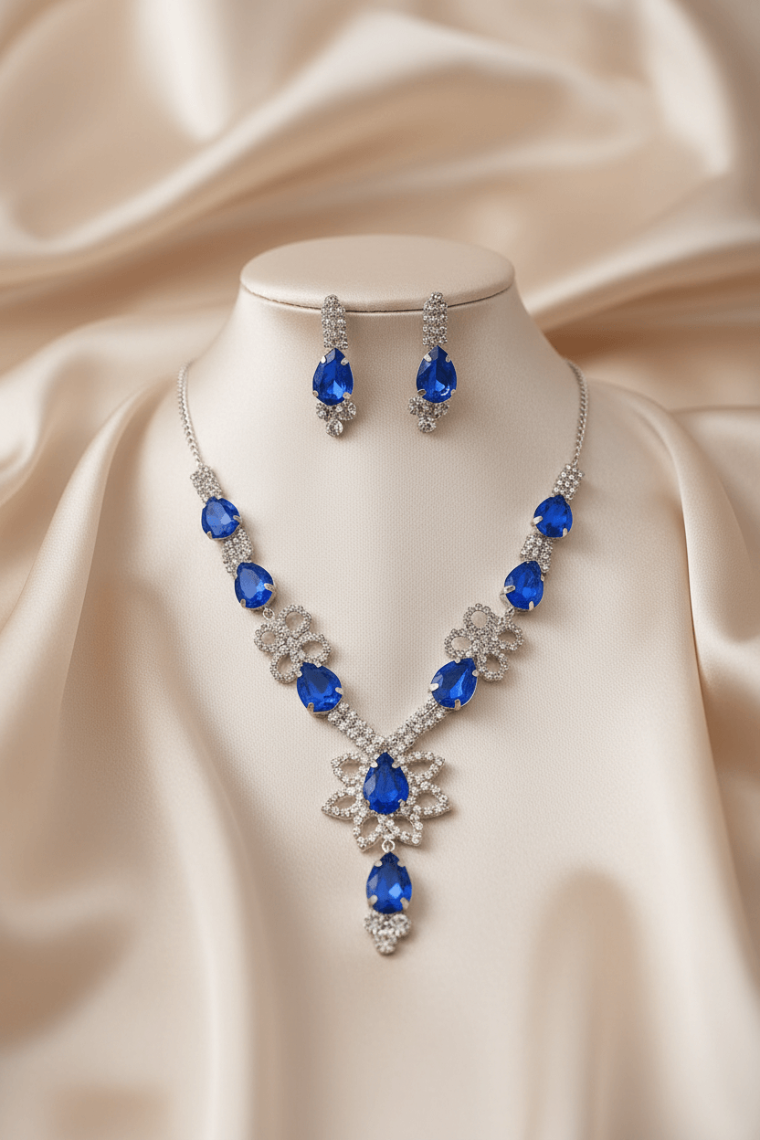 Royal Blue Floral Pear Premium Necklace & Earrings Set