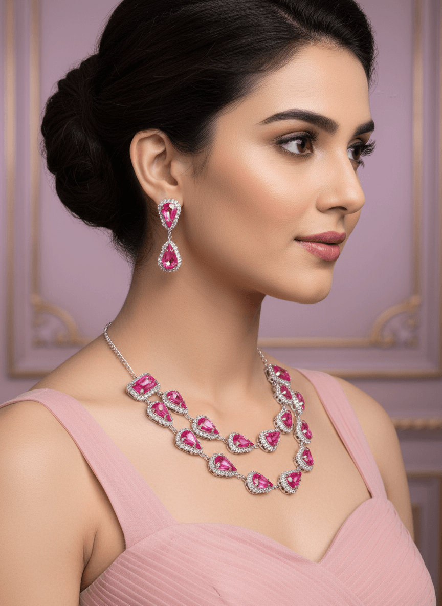 Pink Tilak Necklace & Earrings Set
