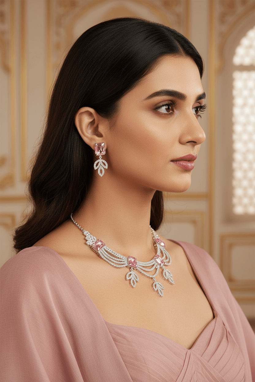 Pink Leaf Premium & Elegant & Earrings Set