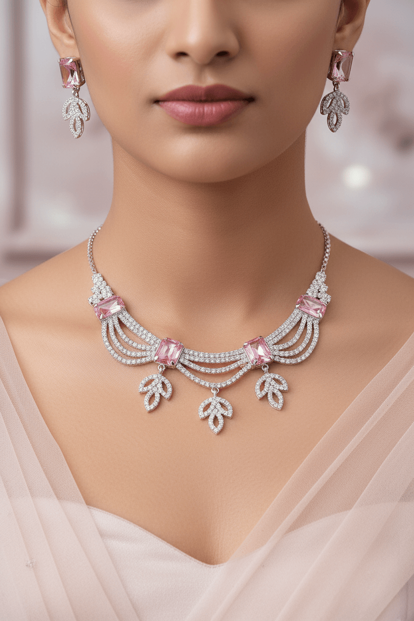 Pink Leaf Premium & Elegant & Earrings Set
