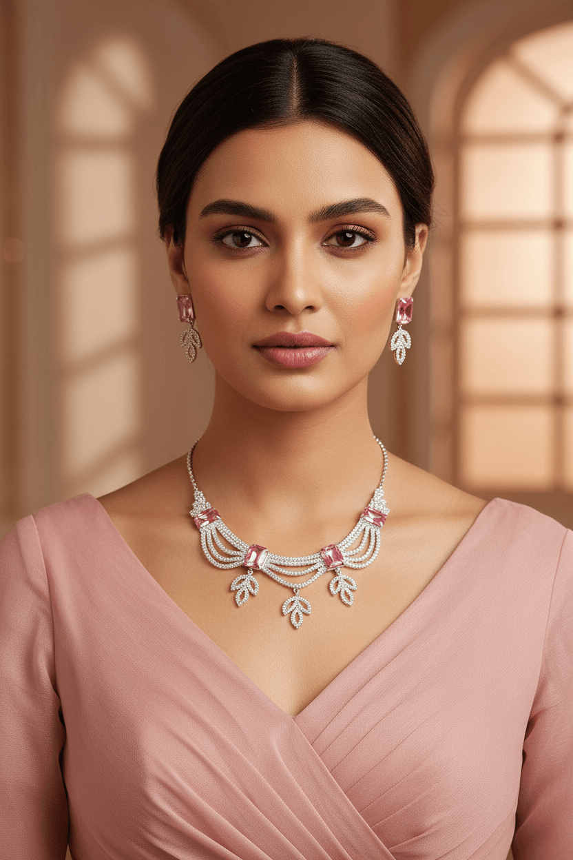 Pink Leaf Premium & Elegant & Earrings Set