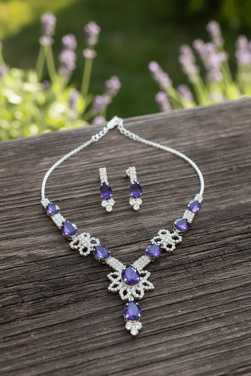 Purple Floral Pear Premium Necklace & Earrings Set