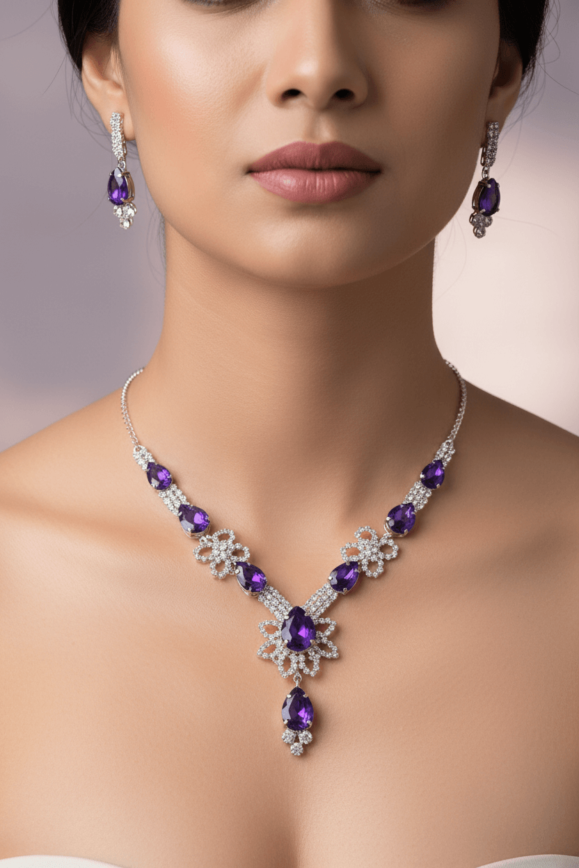 Purple Floral Pear Premium Necklace & Earrings Set