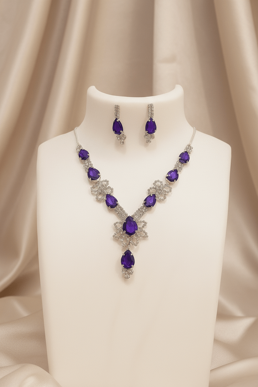 Purple Floral Pear Premium Necklace & Earrings Set