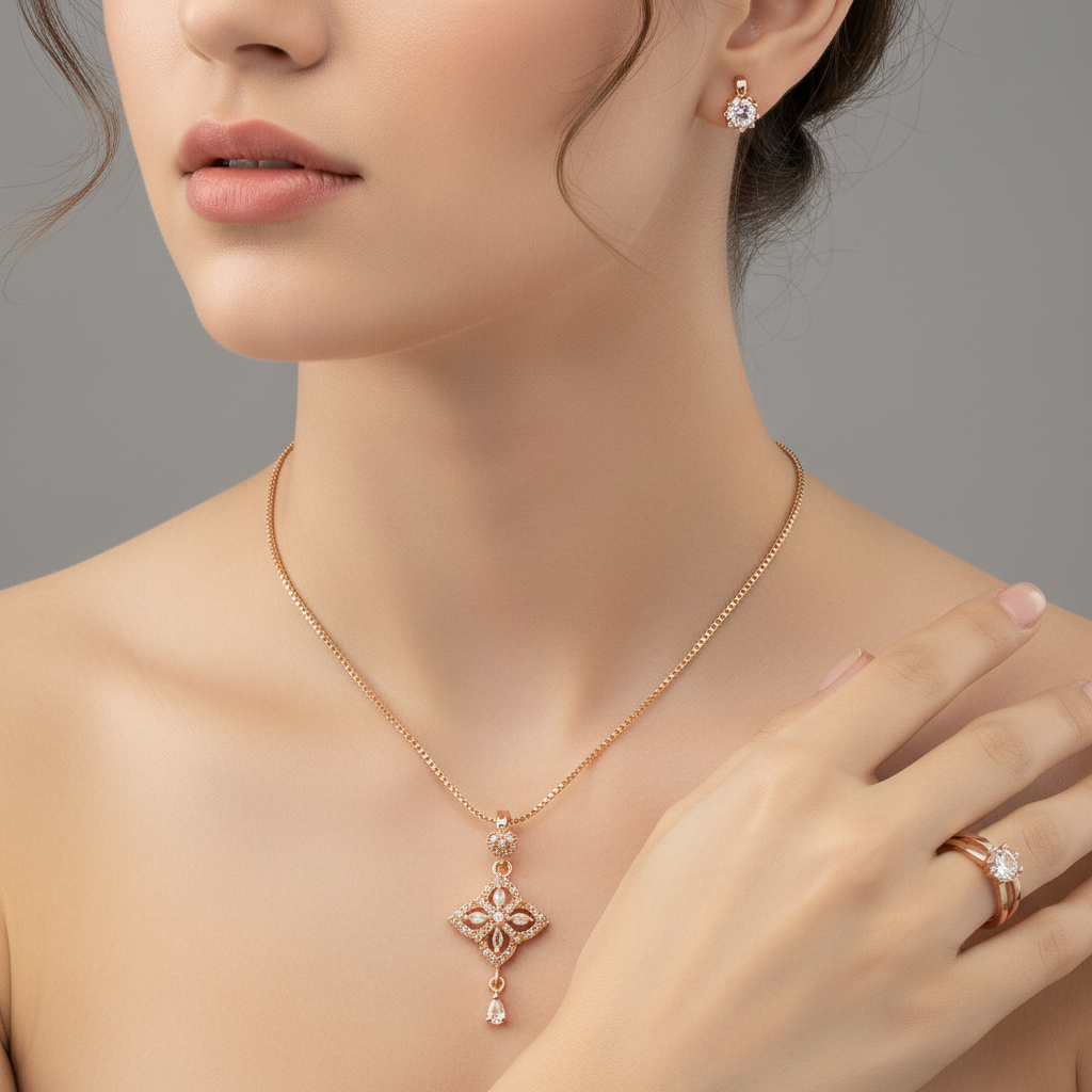Square Floral Rose Gold Jewelry Set