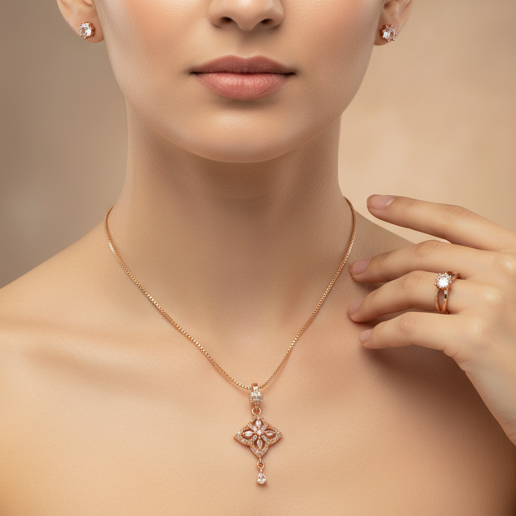 Square Floral Rose Gold Jewelry Set
