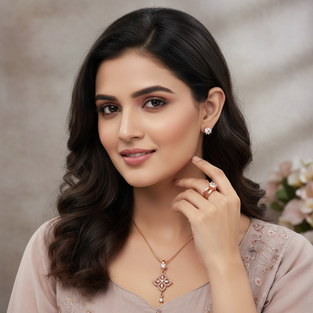 Square Floral Rose Gold Jewelry Set