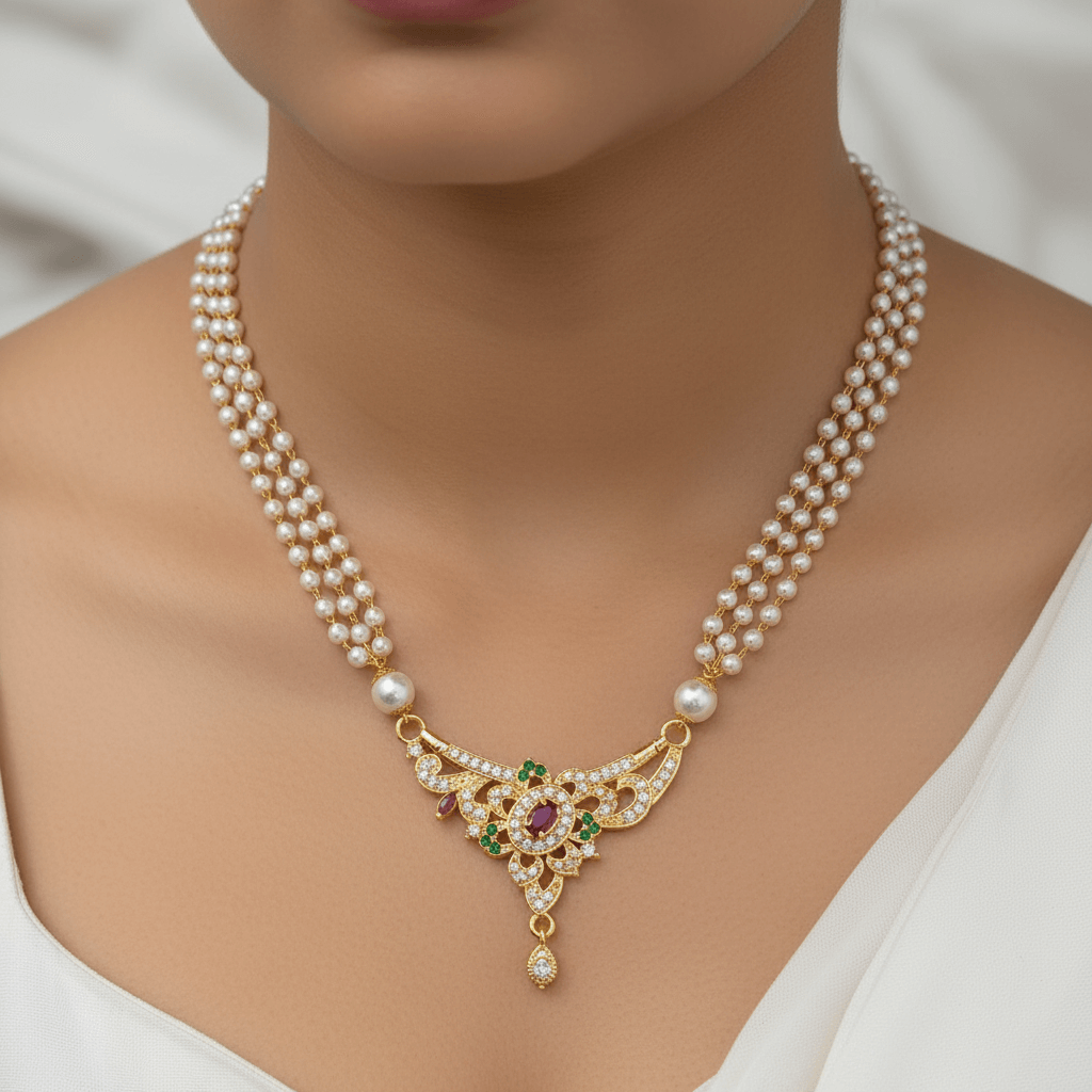 Regal Ruby Pearl Necklace Plated