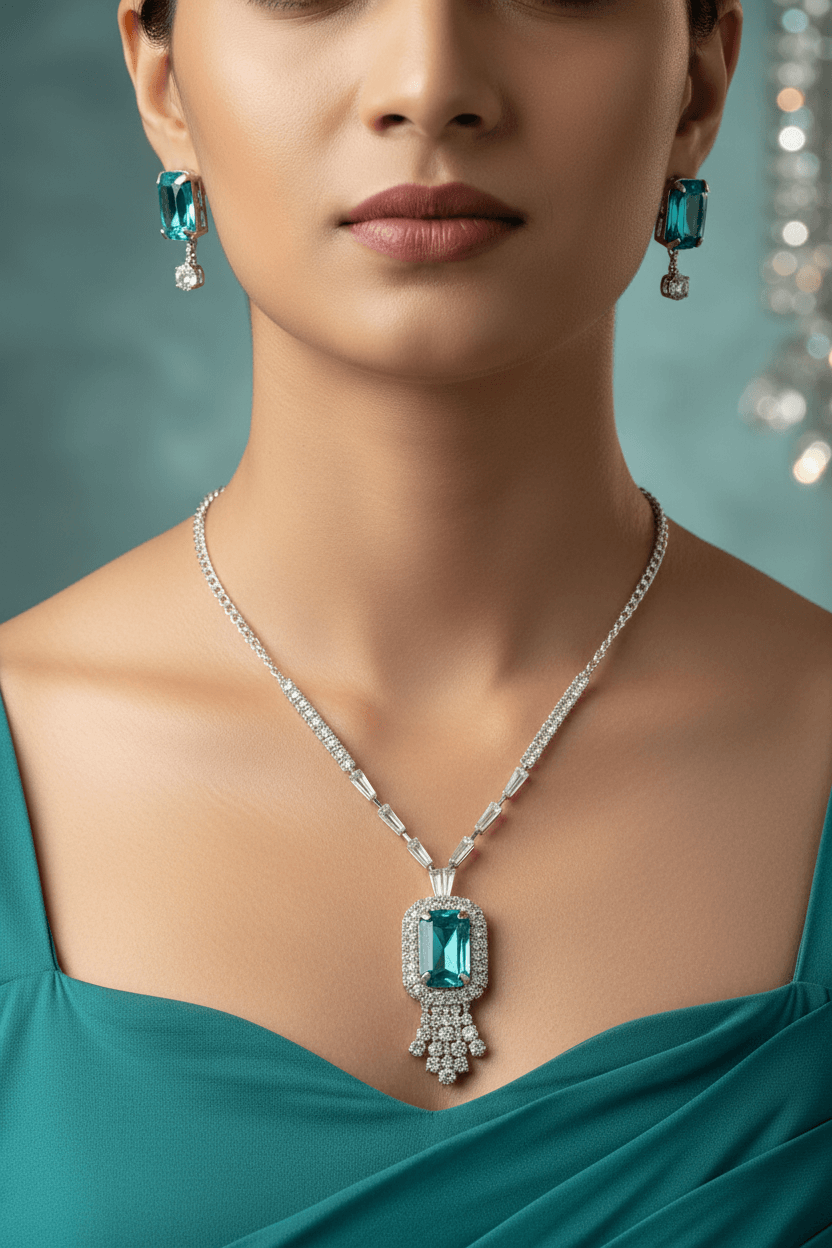 Teal Rangila Premium & Elegant ( Riya Teal Shine ) Necklace & Earrings Set For Women & Girl