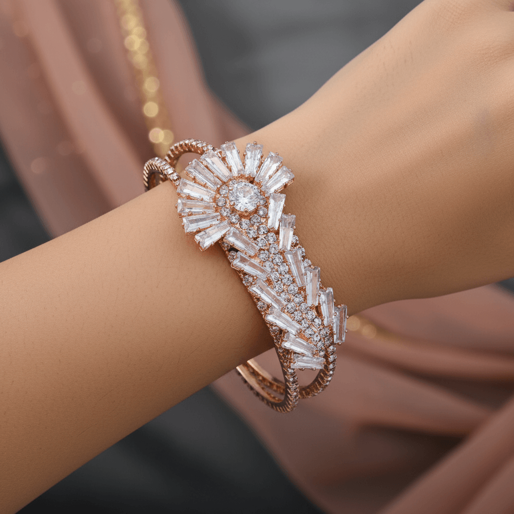 Rose Gold Alloy Premium & Elegant ( Starburst Crystal ) Bracelet For Women & Girl