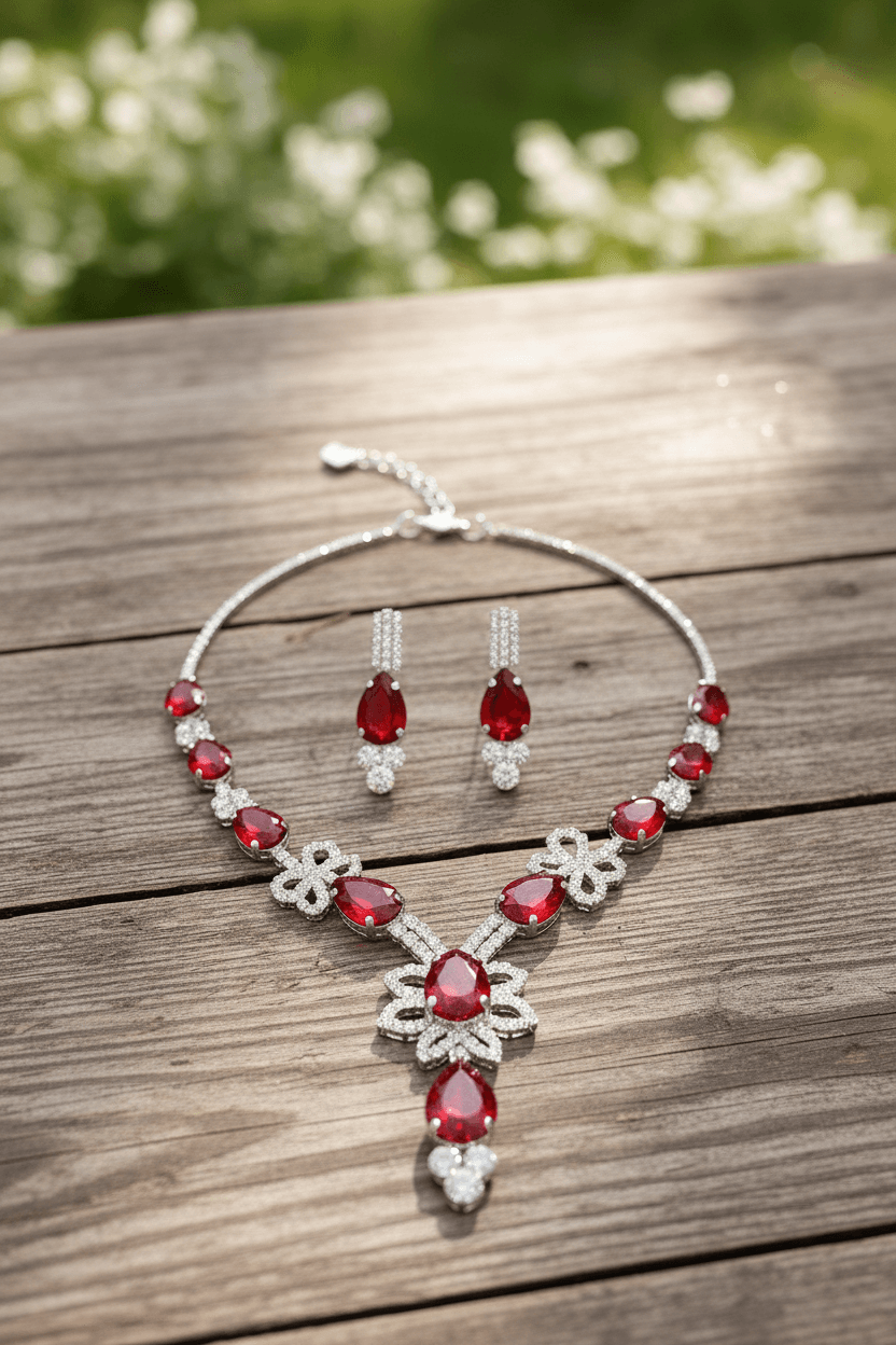 Red Floral Pear Premium Necklace & Earrings Set