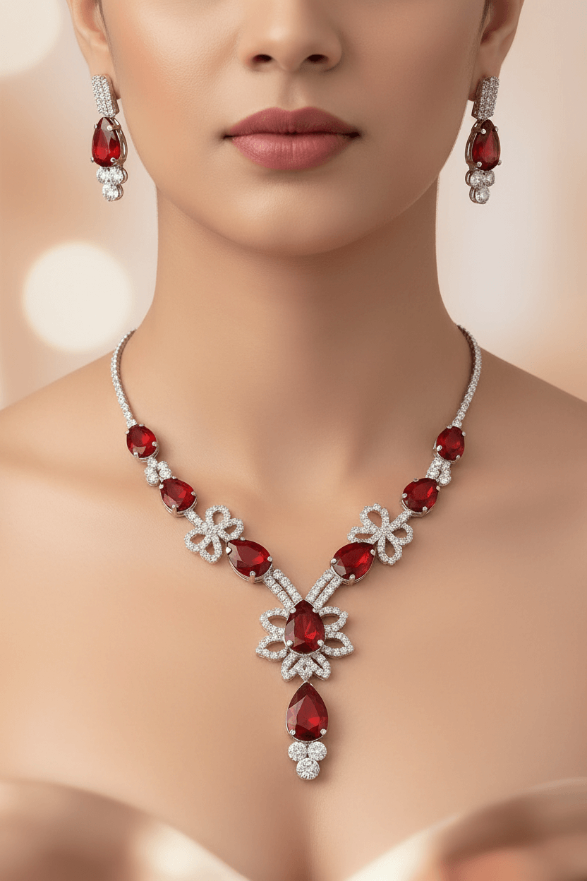 Red Floral Pear Premium Necklace & Earrings Set