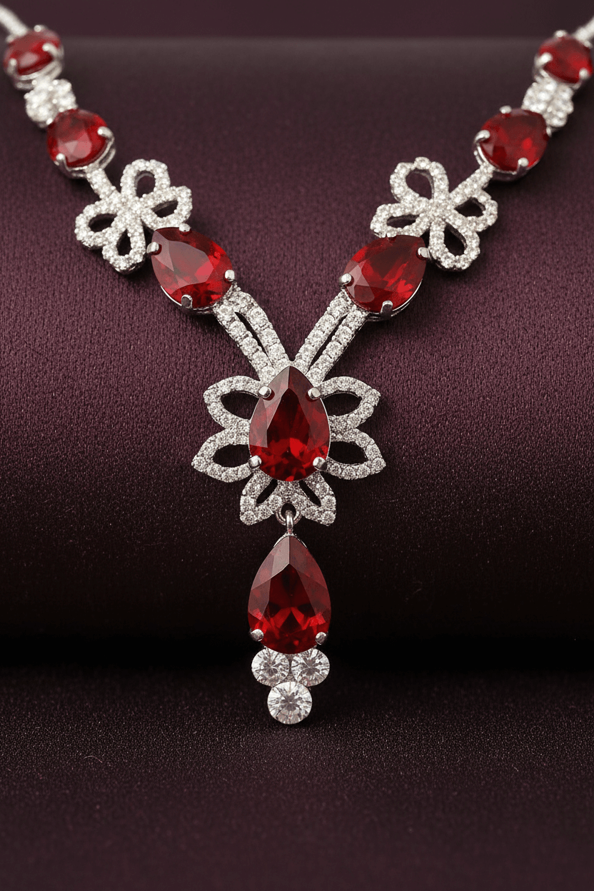 Red Floral Pear Premium Necklace & Earrings Set