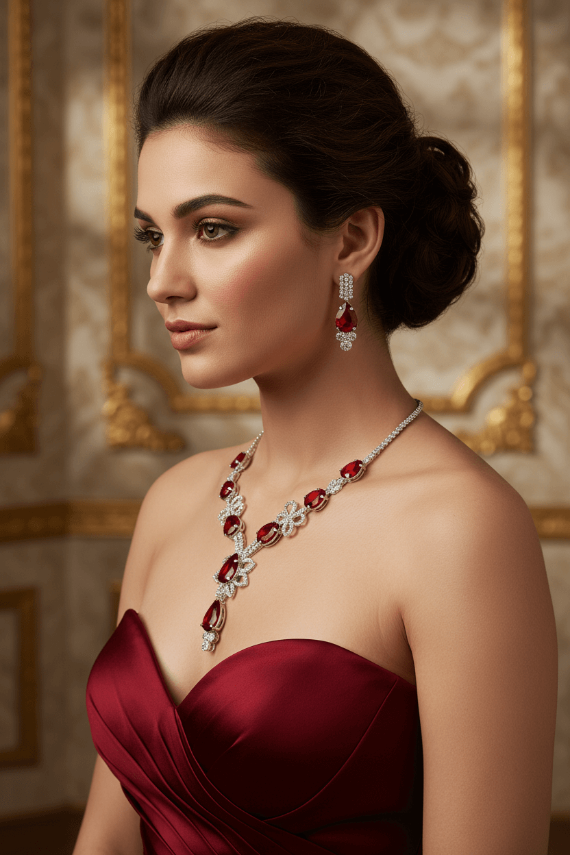Red Floral Pear Premium Necklace & Earrings Set