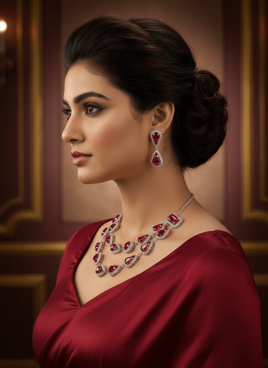 Ruby Red Tilak Premium & Elegant ( Pear ) Necklace & Earrings Set For Women & Girl