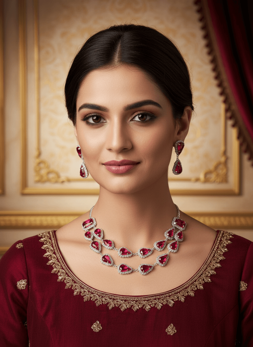 Ruby Red Tilak Premium & Elegant ( Pear ) Necklace & Earrings Set For Women & Girl