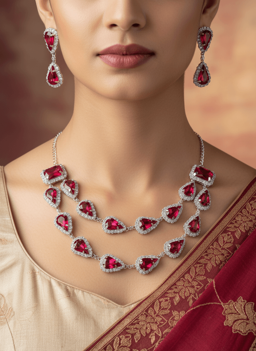 Ruby Red Tilak Premium & Elegant ( Pear ) Necklace & Earrings Set For Women & Girl