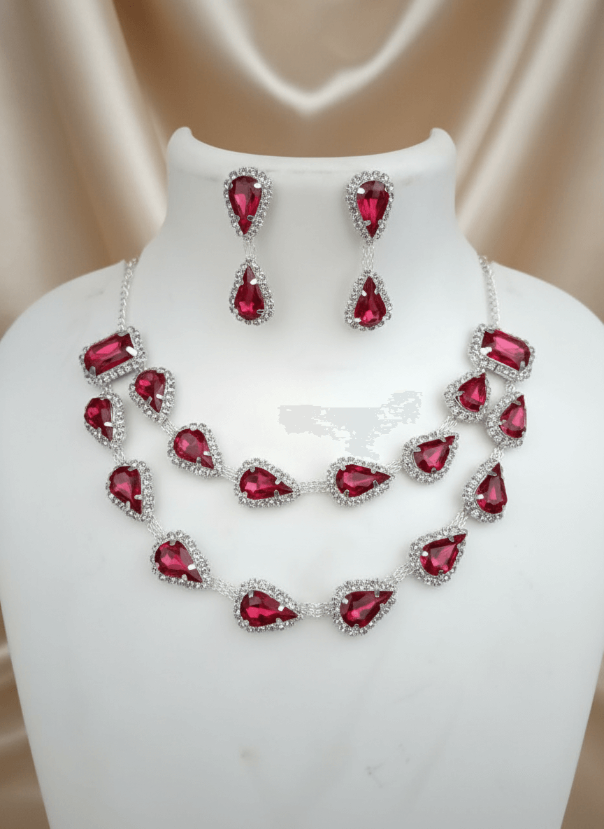 Ruby Red Tilak Premium & Elegant ( Pear ) Necklace & Earrings Set For Women & Girl