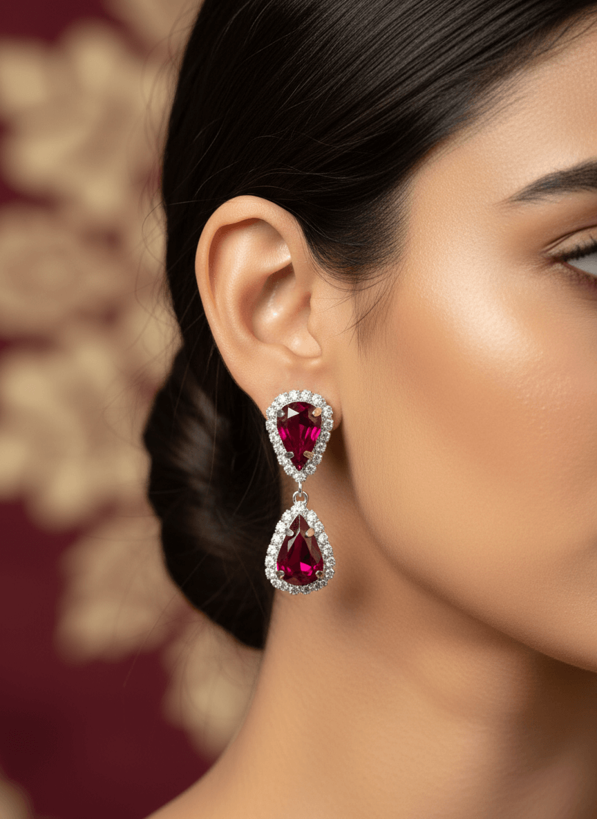 Ruby Red Tilak Premium & Elegant ( Pear ) Necklace & Earrings Set For Women & Girl