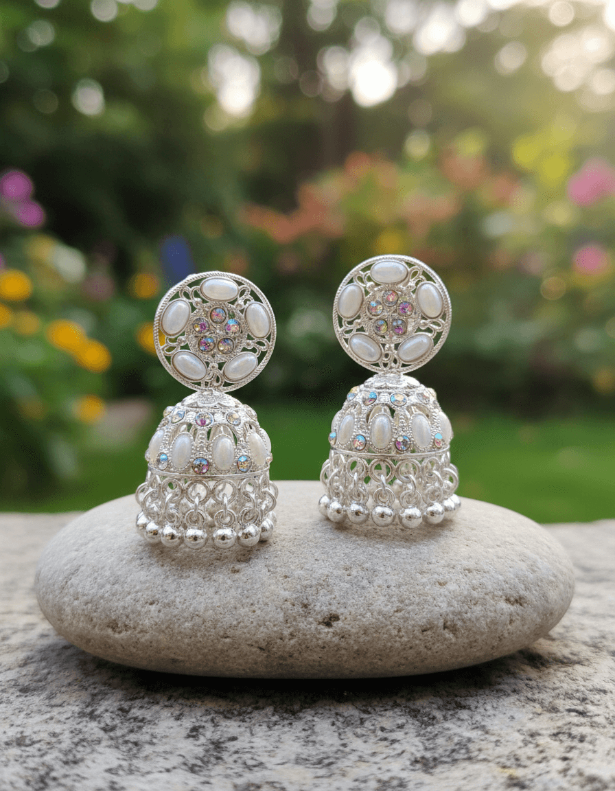 Silver Alloy Premium & Elegant ( Pearl ) Jhumka Earrings For Women & Girl