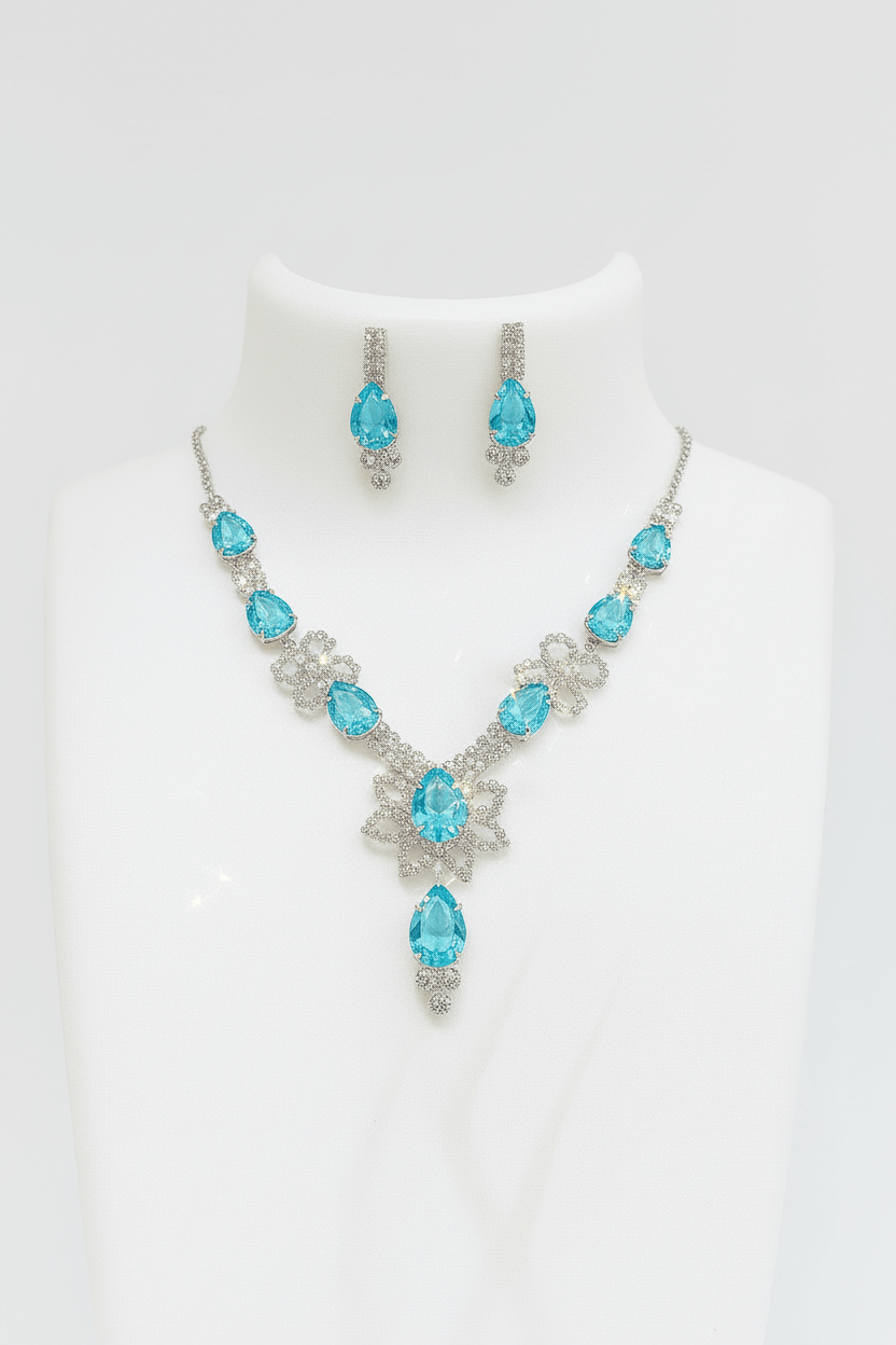 Sky Blue Floral Pear Premium Necklace & Earrings Set