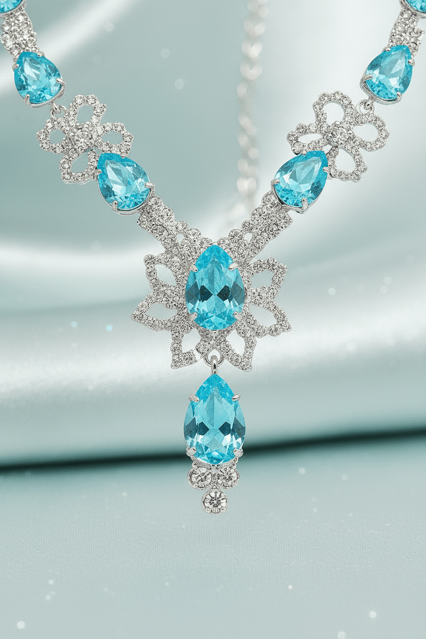 Sky Blue Floral Pear Premium Necklace & Earrings Set