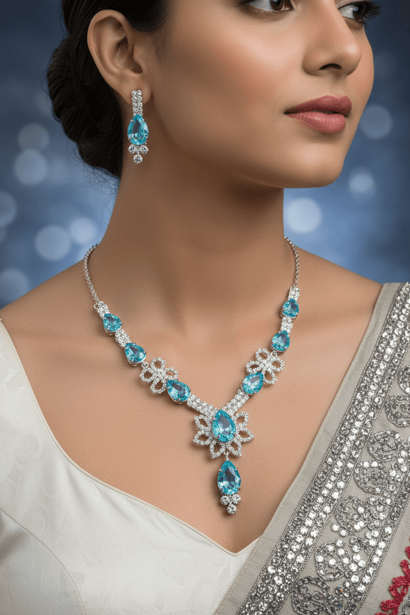 Sky Blue Floral Pear Premium Necklace & Earrings Set