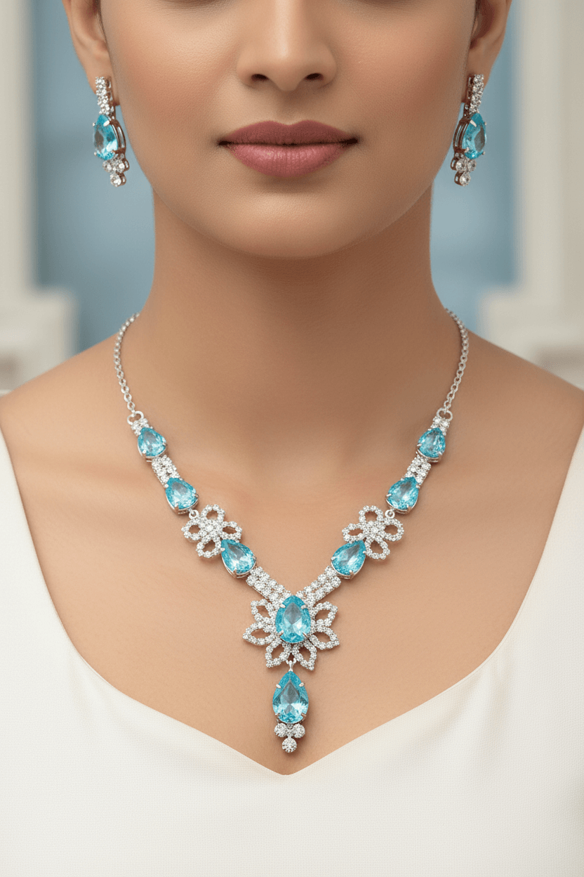 Sky Blue Floral Pear Premium Necklace & Earrings Set