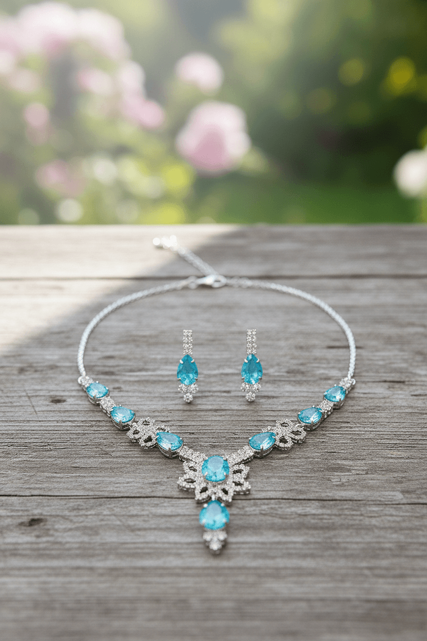 Sky Blue Floral Pear Premium Necklace & Earrings Set