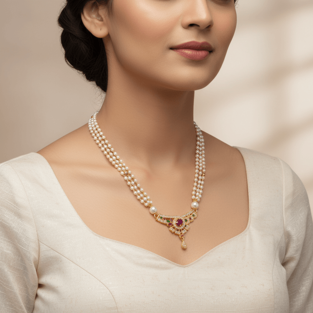 Red Ruby Golden Pearl Necklace