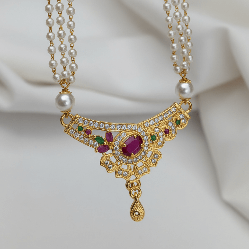 Red Ruby Golden Pearl Necklace