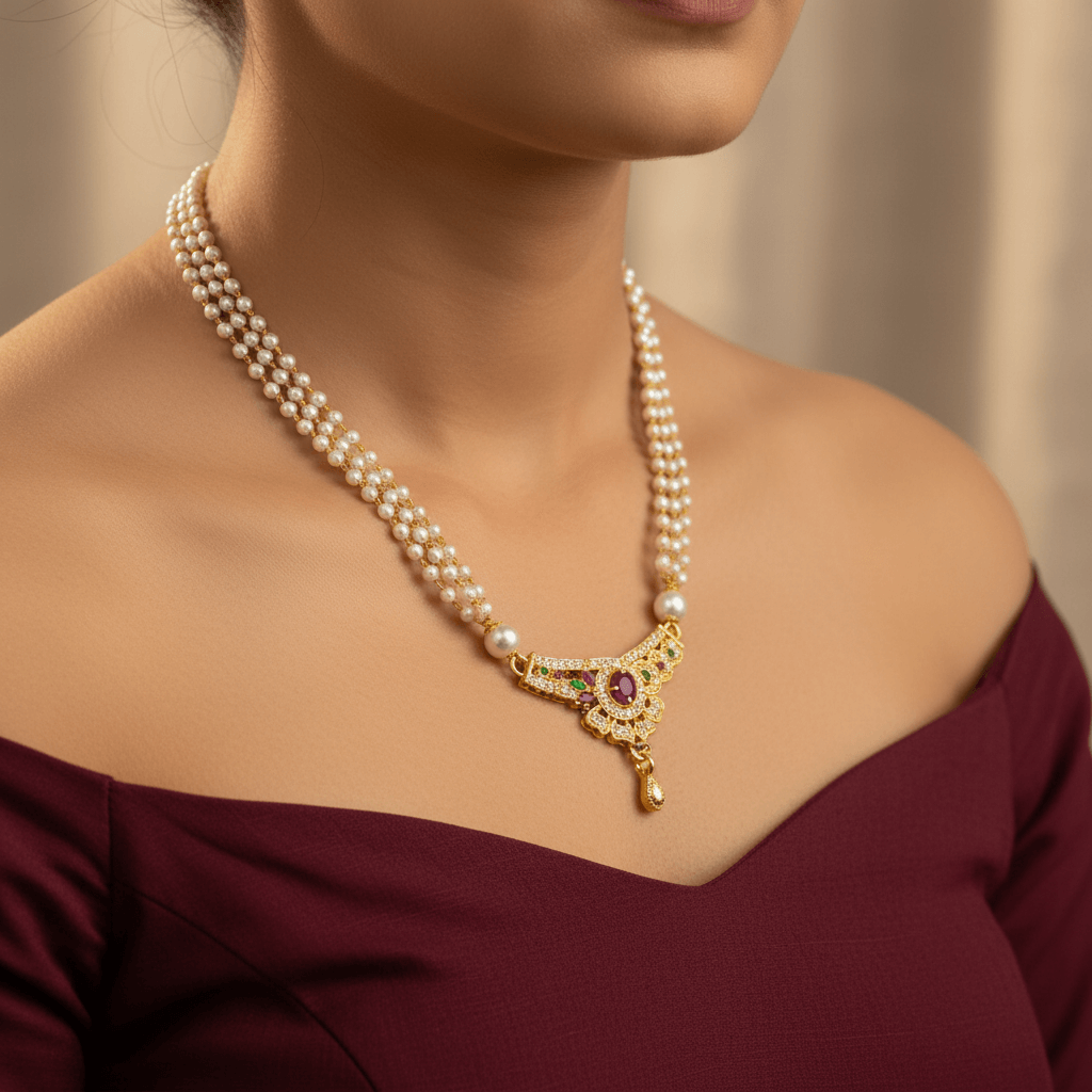 Red Ruby Golden Pearl Necklace