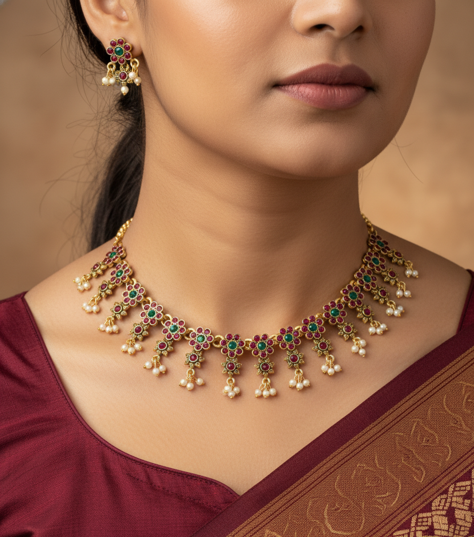 Floral Antique Gold Necklace Set