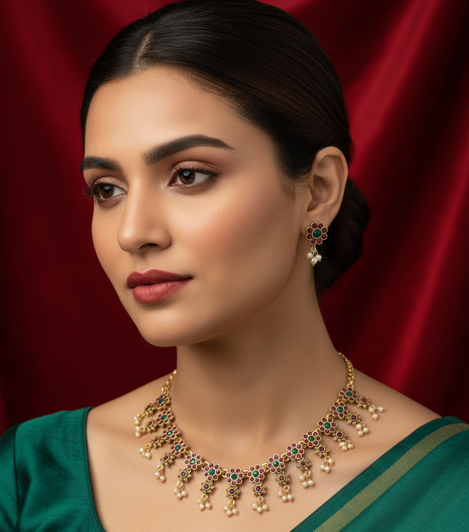 Floral Antique Gold Necklace Set
