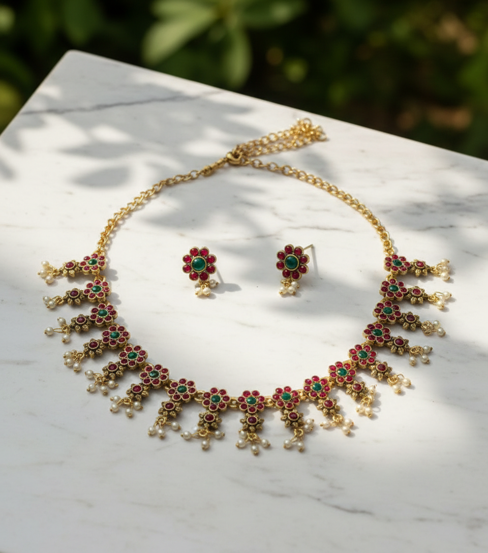 Floral Antique Gold Necklace Set