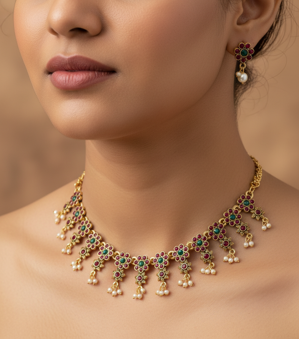 Floral Antique Gold Necklace Set