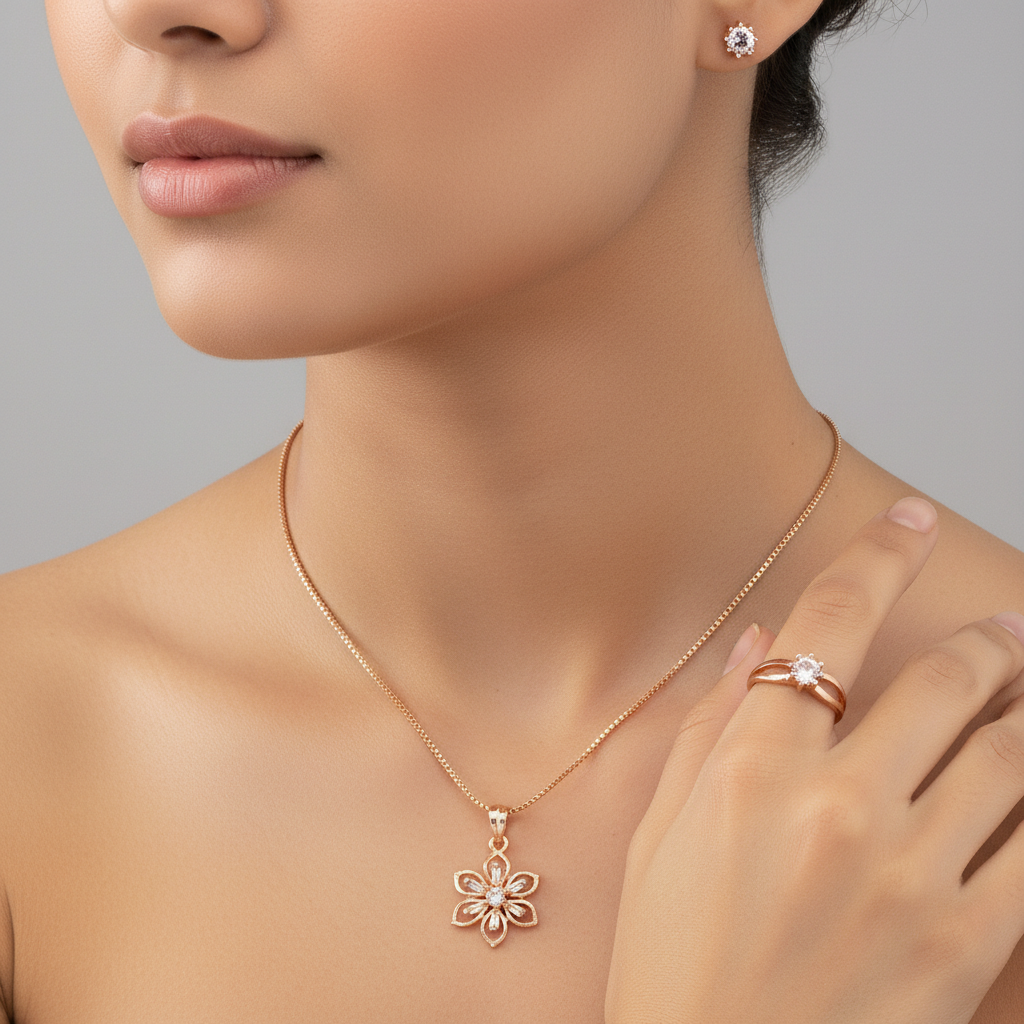 Crystal Flower Rose Gold Jewelry Combo