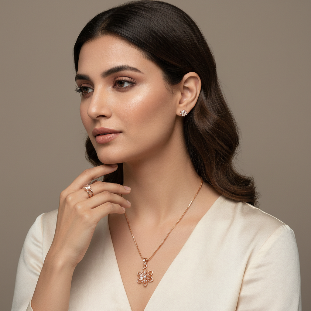 Crystal Flower Rose Gold Jewelry Combo