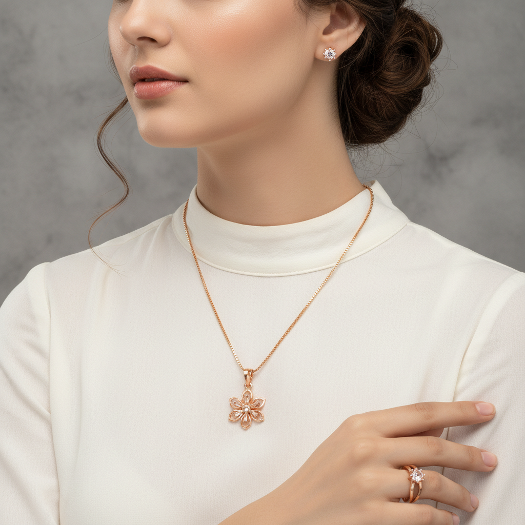 Crystal Flower Rose Gold Jewelry Combo