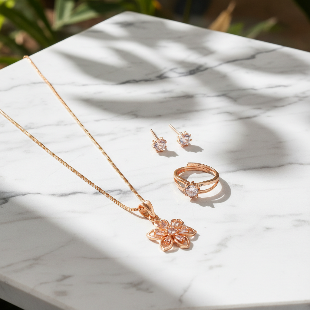 Crystal Flower Rose Gold Jewelry Combo