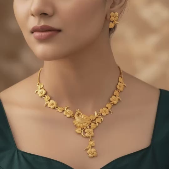 Golden Floral Peacock Premium Necklace Set