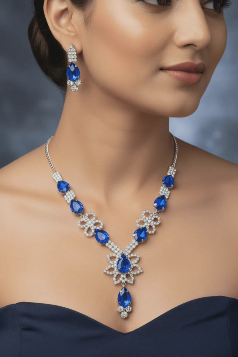Royal Blue Floral Pear Premium Necklace & Earrings Set