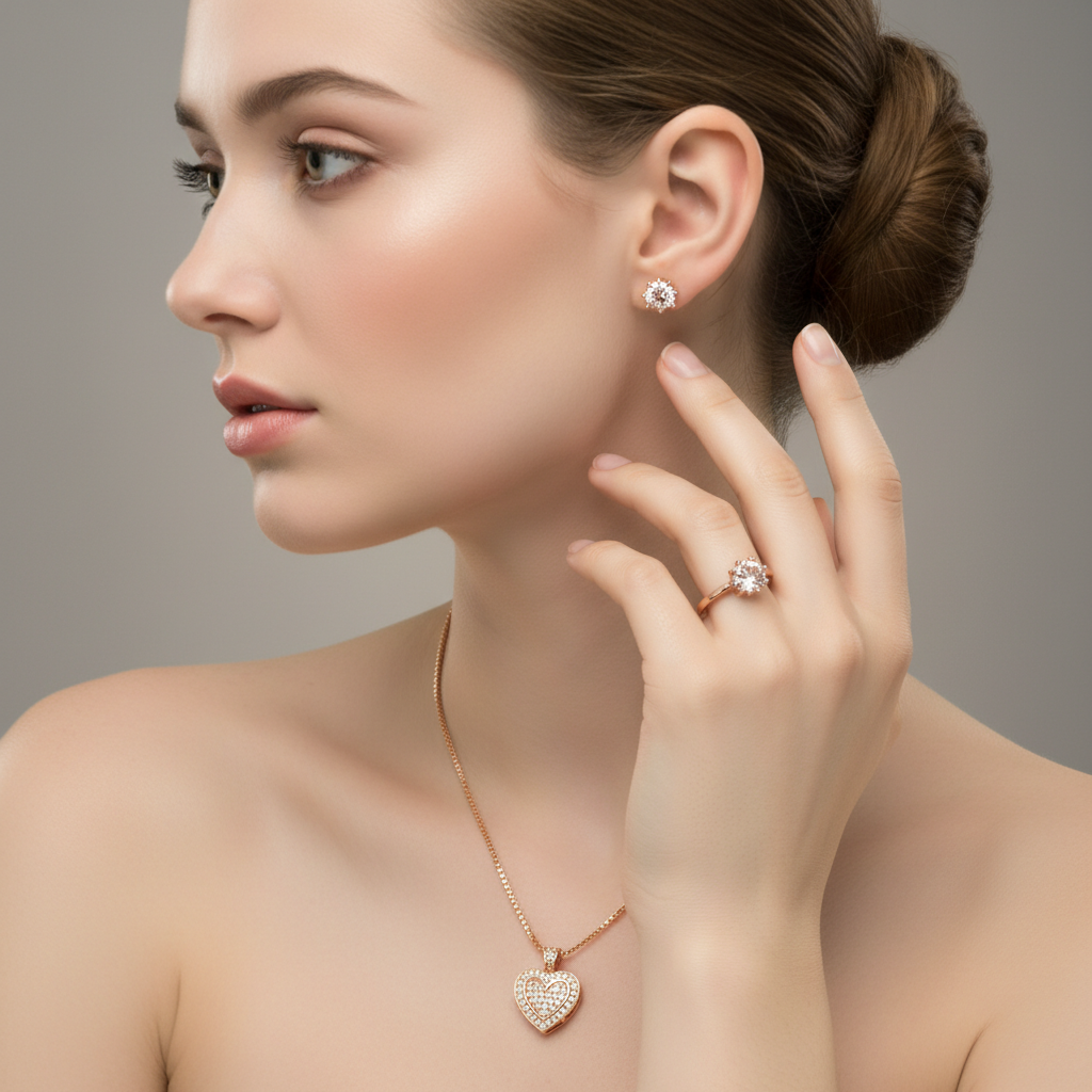 Dual Heart Rose Gold Jewelry Set