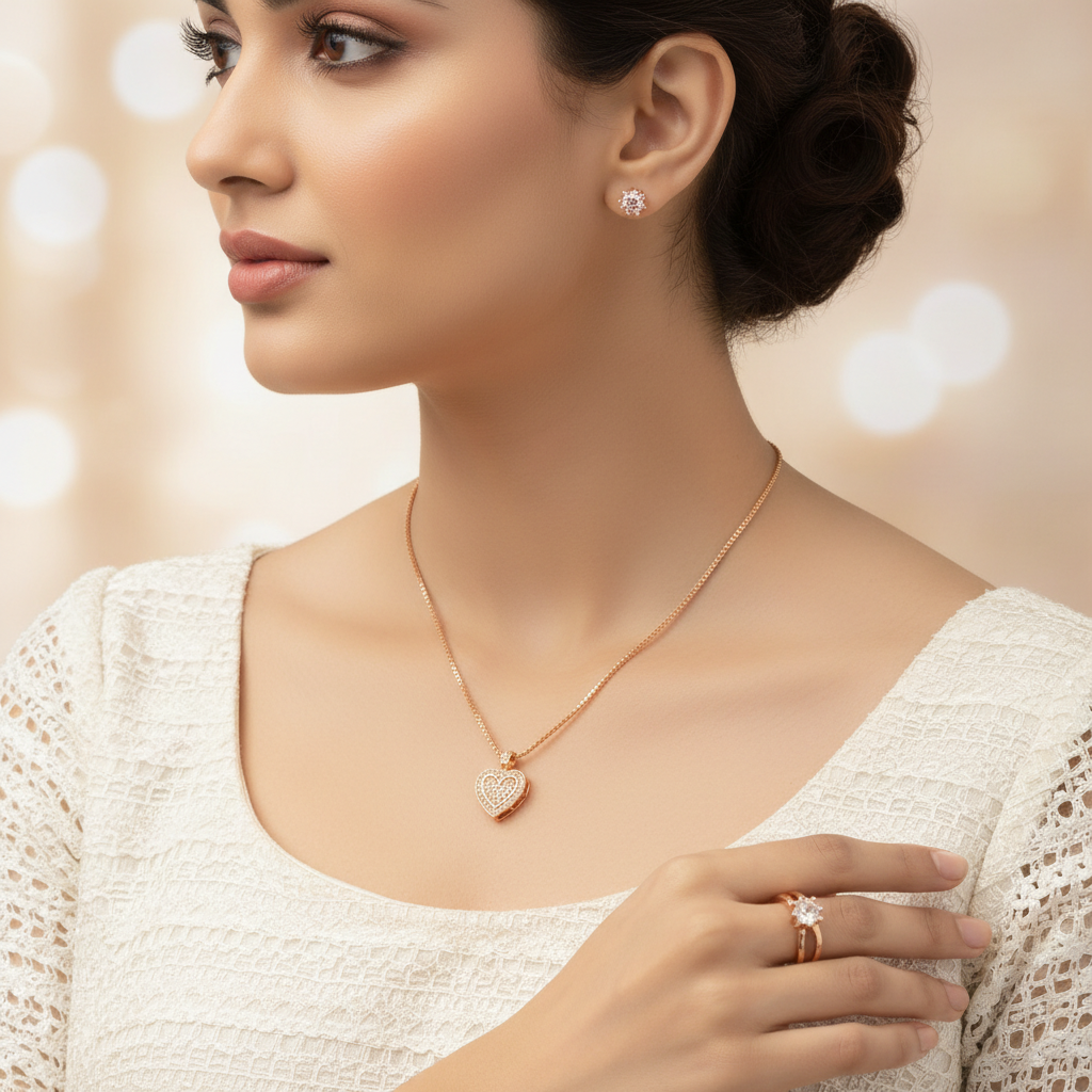 Dual Heart Rose Gold Jewelry Set
