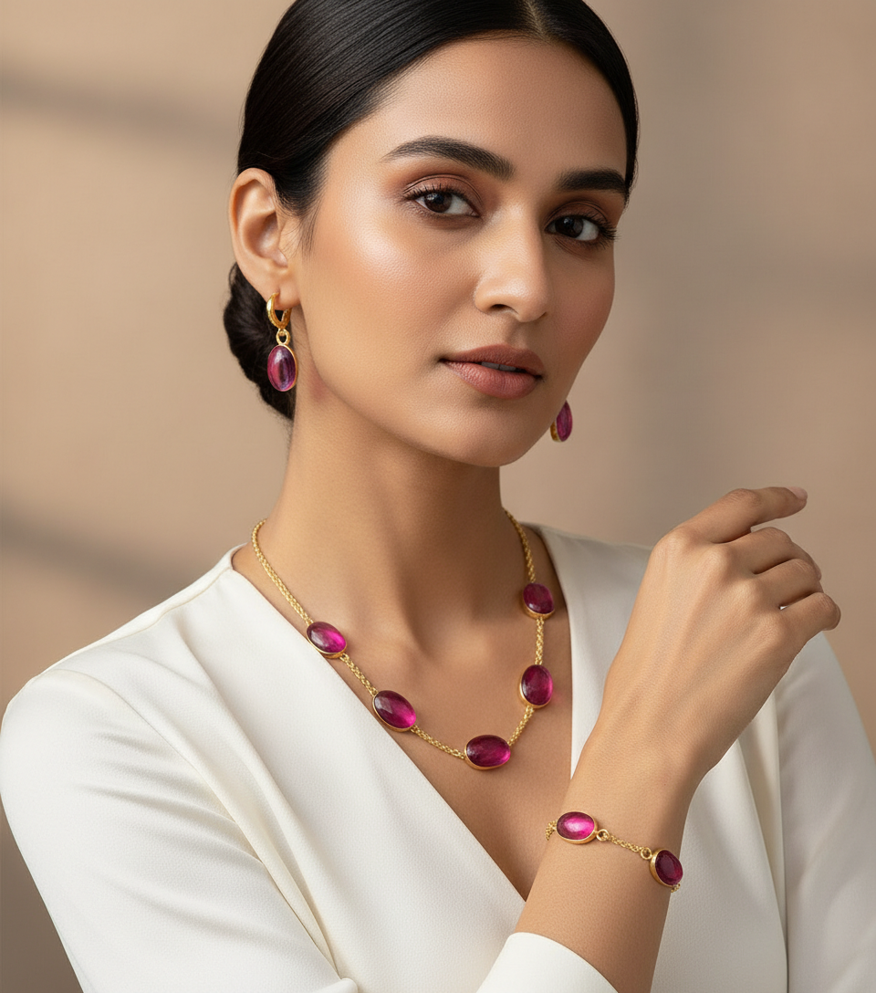 Pink Stone Necklace Set and Bracelet