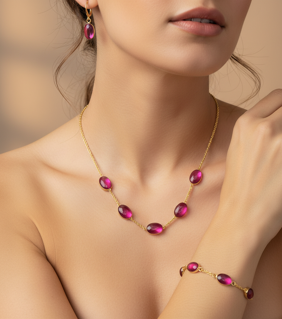 Pink Stone Necklace Set and Bracelet