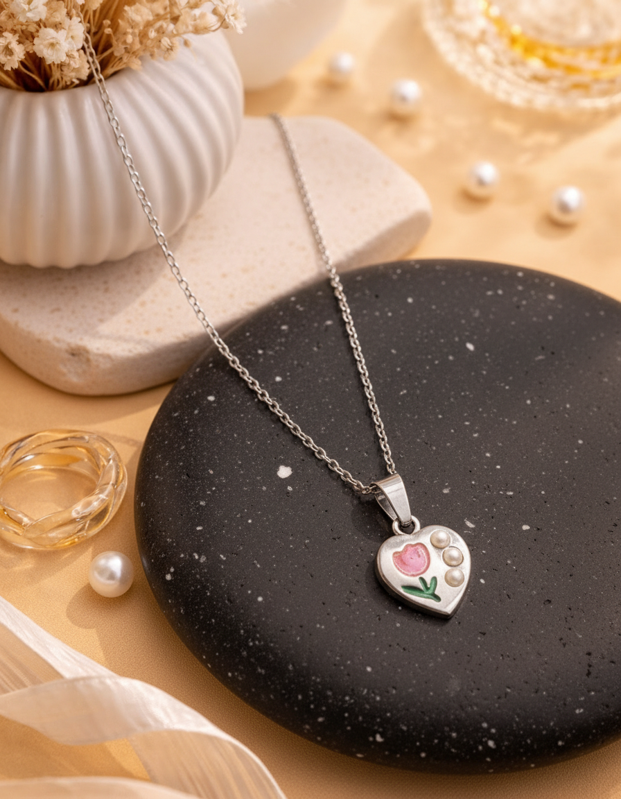 SILVER HEART FLOWER PENDANT